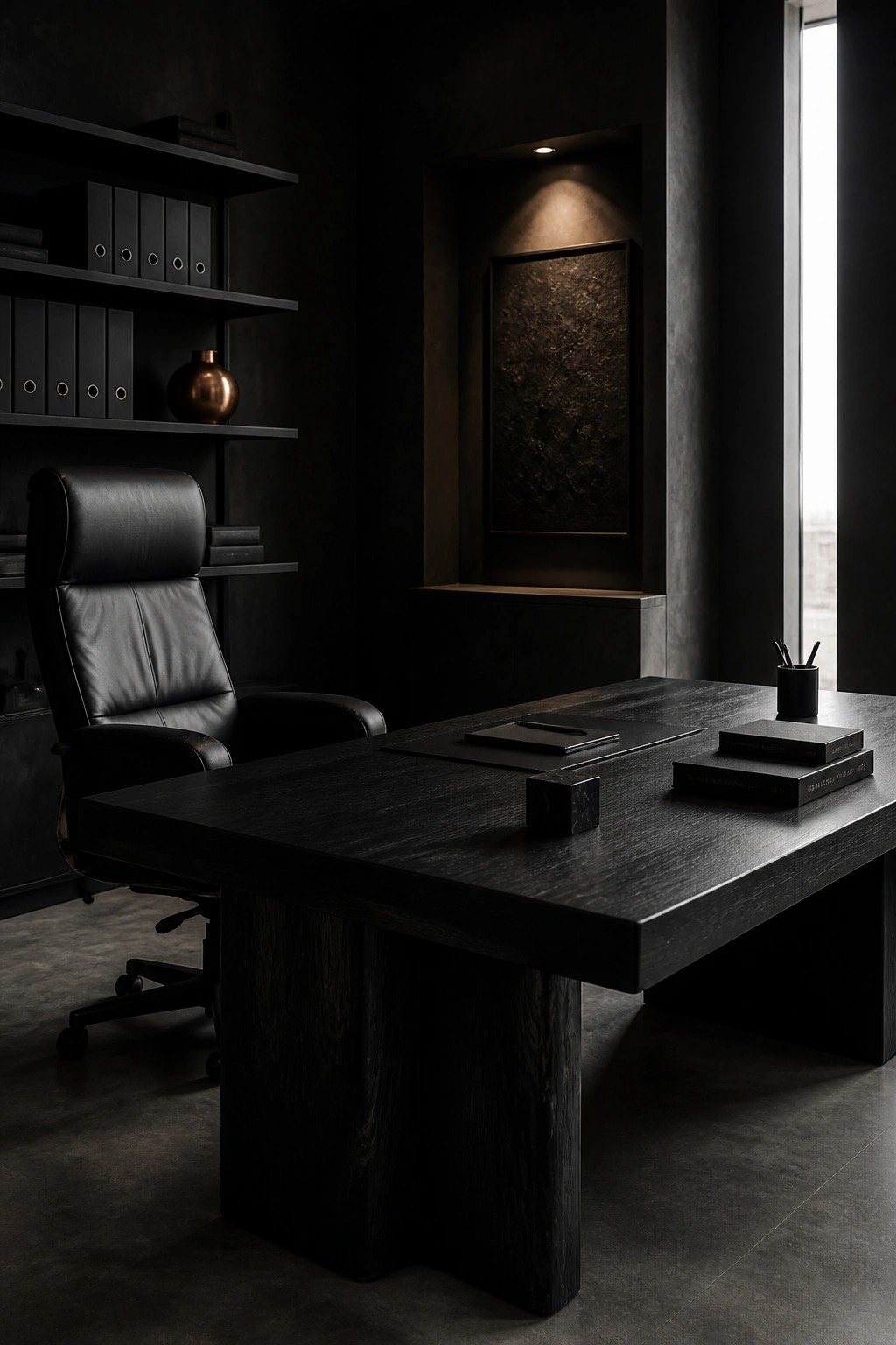 Minimalist dark office with black wooden desk, leather chair, and textured wall art.