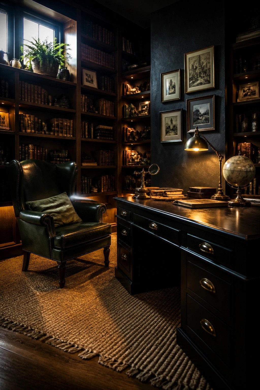 A dark home office with navy walls, a black wooden desk, a green leather wingback chair, built-in bookshelves, and a lit desk lamp.