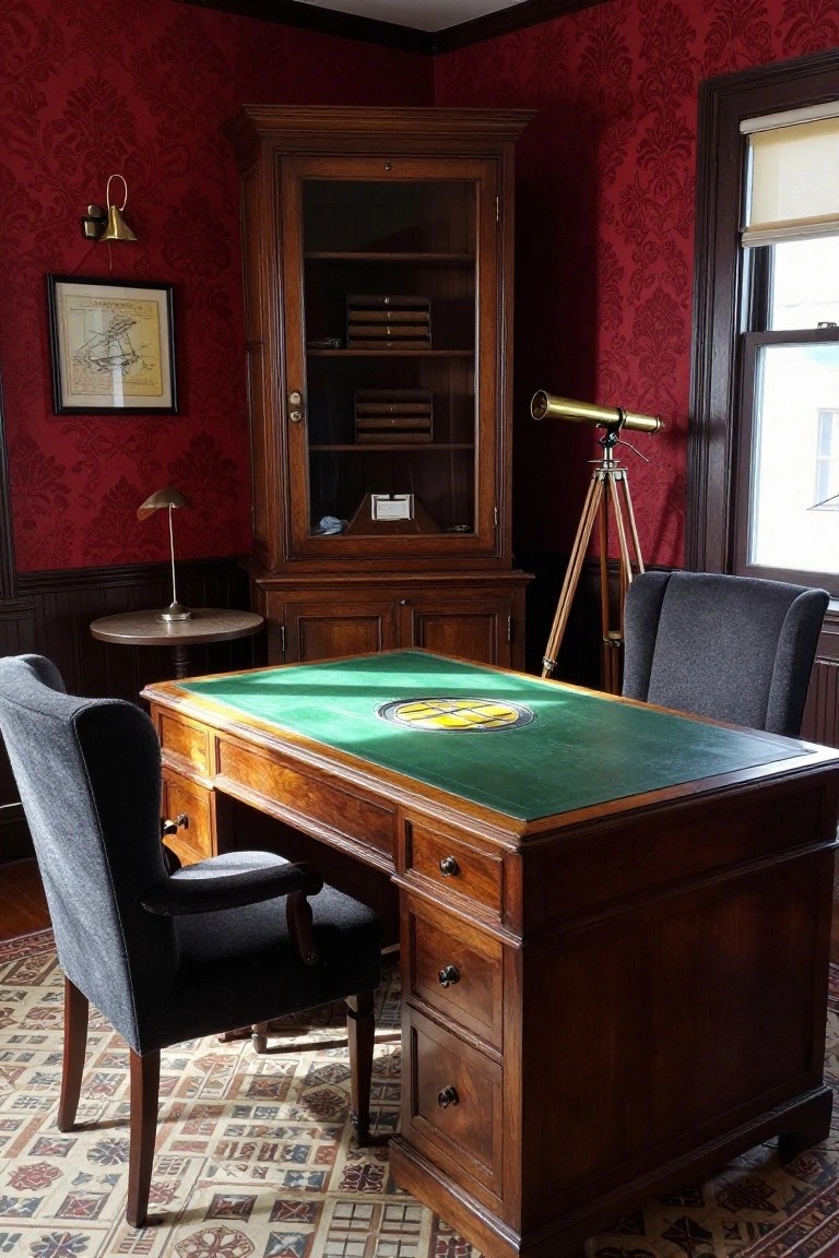 A large wooden desk with a green leather top and central inlay sits in a room with red patterned wallpaper, dark wood cabinetry, and two gray upholstered chairs.