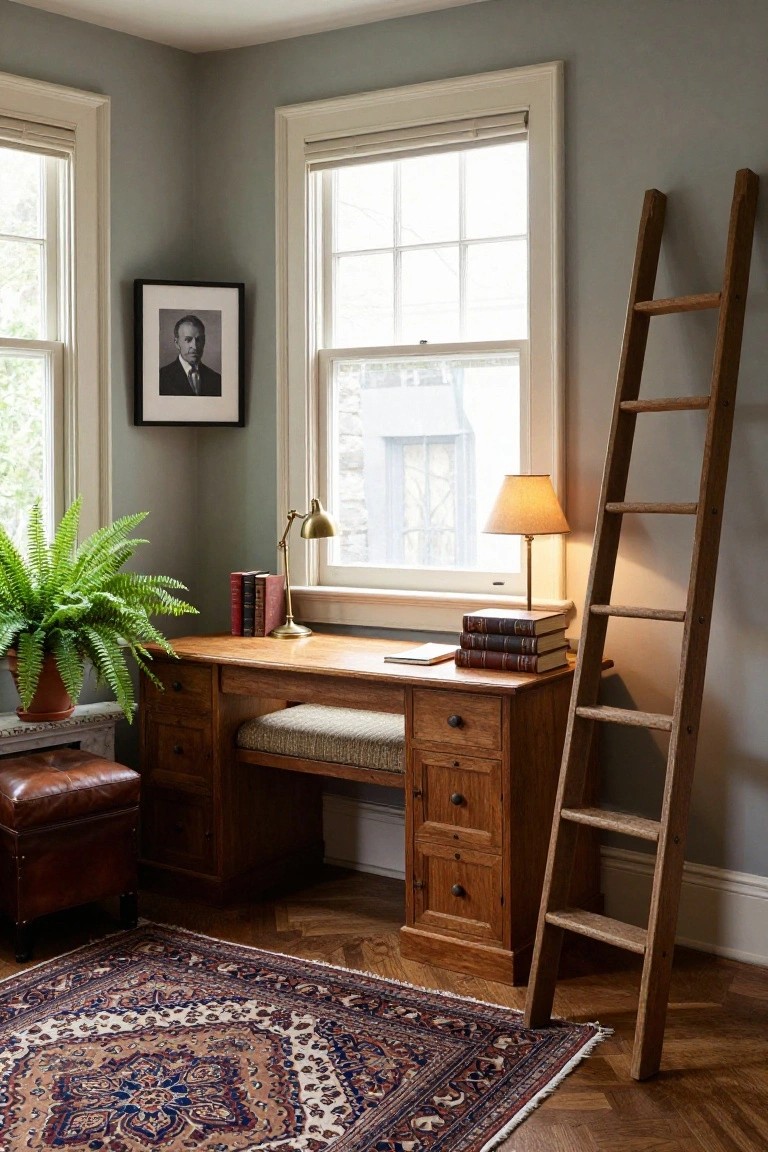 Wooden desk with lamp and books under window beside ladder and fern on rug.