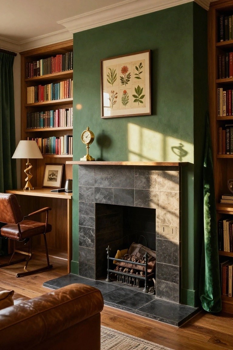 A study interior with built-in wooden bookshelves flanking a stone fireplace, a wooden desk and brown leather chair to the left, and green walls with a framed botanical print above the mantel.