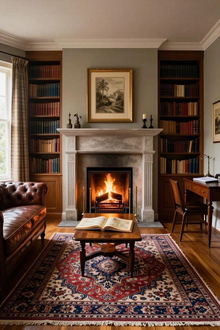 A traditional study interior featuring a marble fireplace with a lit fire, built-in wooden bookshelves filled with books on both sides, a brown leather sofa on the left, and a patterned rug with an open book on a wooden coffee table.