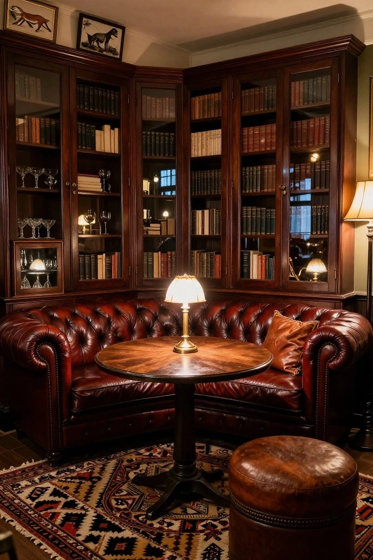 A traditional study corner with dark wood built-in bookshelves filled with books, a curved red leather sofa, a round wooden table with a lamp, and a patterned rug on the floor.