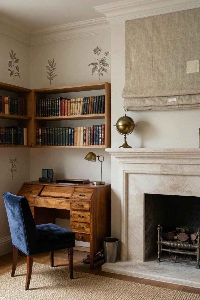 A wooden desk with a blue velvet chair sits below built-in bookshelves filled with books next to a marble fireplace in a study.