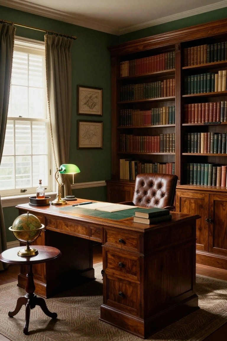 Traditional study with wooden desk, tufted leather chair, globe, and wall-to-wall bookshelves