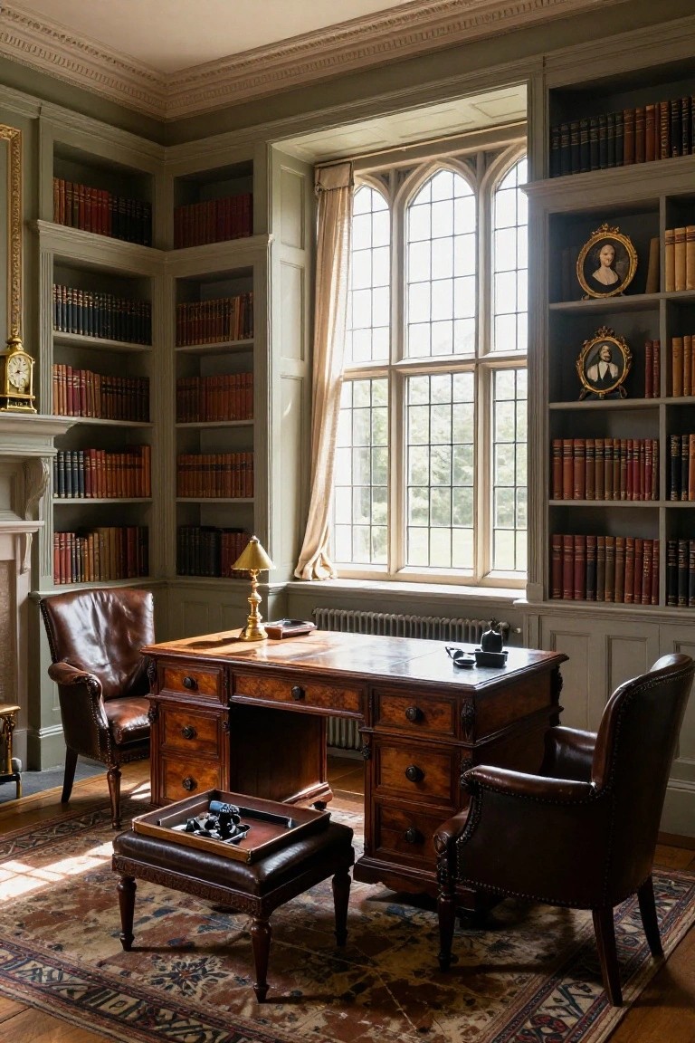 A traditional study featuring a large wooden desk positioned between two brown leather armchairs, with extensive built-in bookshelves lining the walls around a tall window.