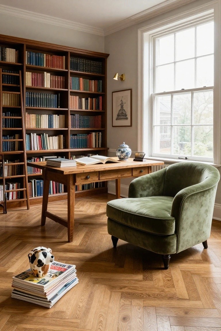 A home study with floor-to-ceiling wooden bookshelves, a desk with an open book, a green velvet armchair, and a large window on the right.