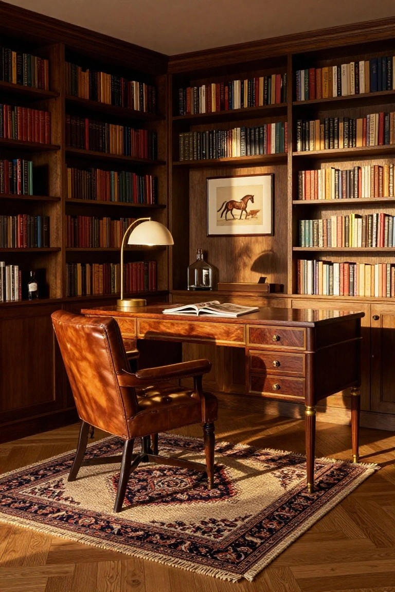 A traditional home study with floor-to-ceiling wooden bookshelves filled with books, a large wooden desk holding an open book, a brown leather armchair on a patterned rug, and a framed horse print on the wall.