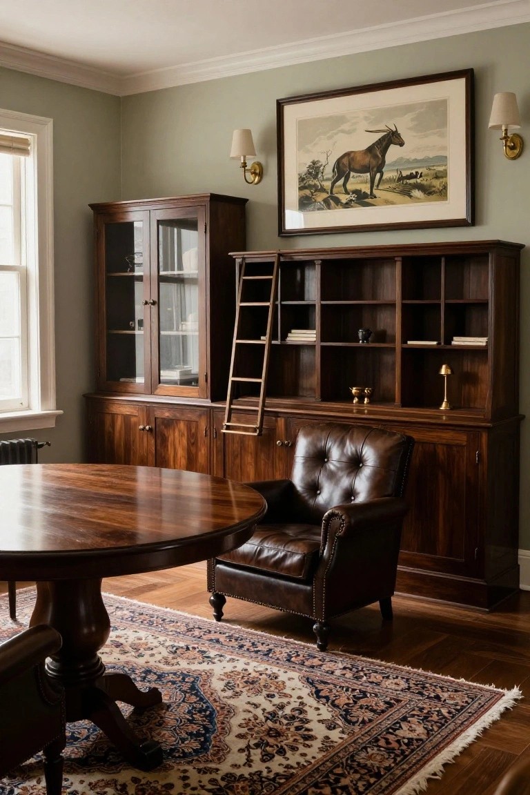 A traditional study interior with dark wood built-in bookshelves and a rolling ladder, a brown leather armchair, and a round wooden table on a patterned rug.