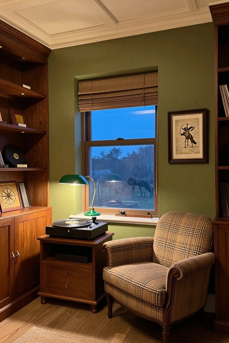 A traditional study interior with green walls, dark wood built-in bookshelves on both sides of a window, a plaid armchair, and a record player on a wooden stand beneath a green desk lamp.