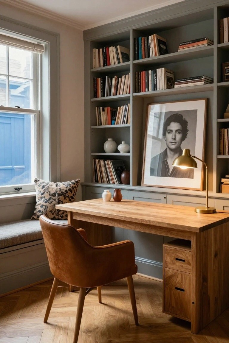 A study with built-in gray bookshelves filled with books, a wooden desk, a brown leather chair, and a framed black and white portrait on the wall.