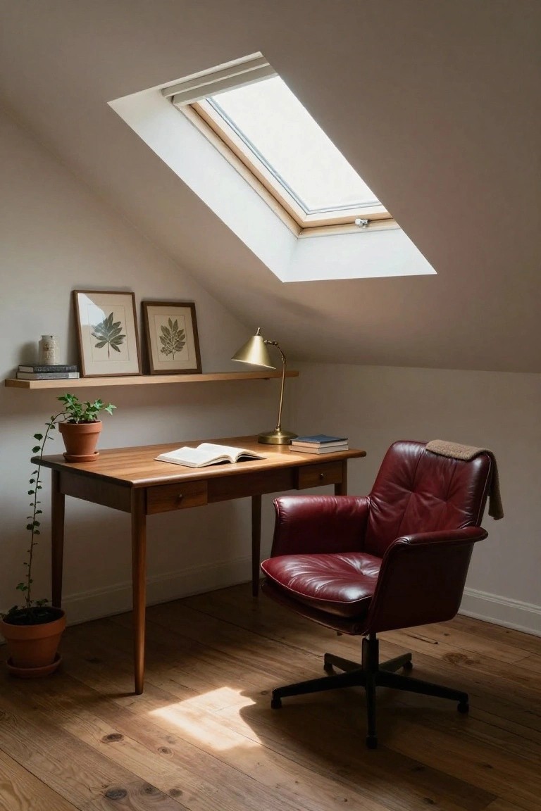 A wooden desk with an open book and a red leather swivel chair sit beneath a skylight in an attic study.