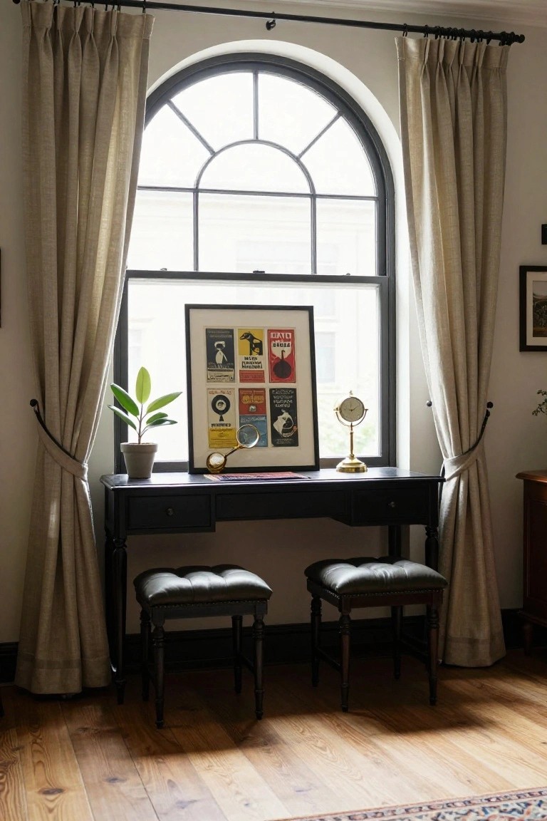 A dark wood desk positioned beneath a large arched window, framed by beige curtains tied back, with two leather stools underneath and a framed poster on the desk.
