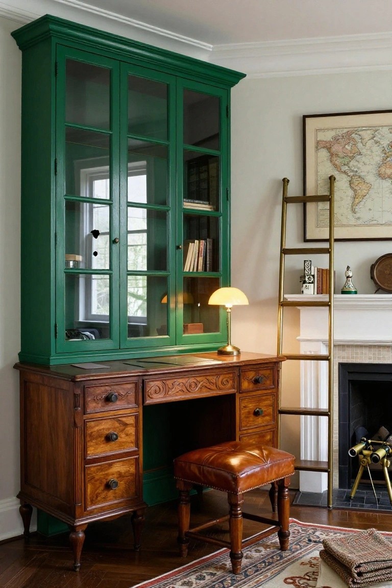 A wooden desk with multiple drawers sits beneath a tall green glass-fronted cabinet, with a brown leather stool in front and a brass library ladder to the right.