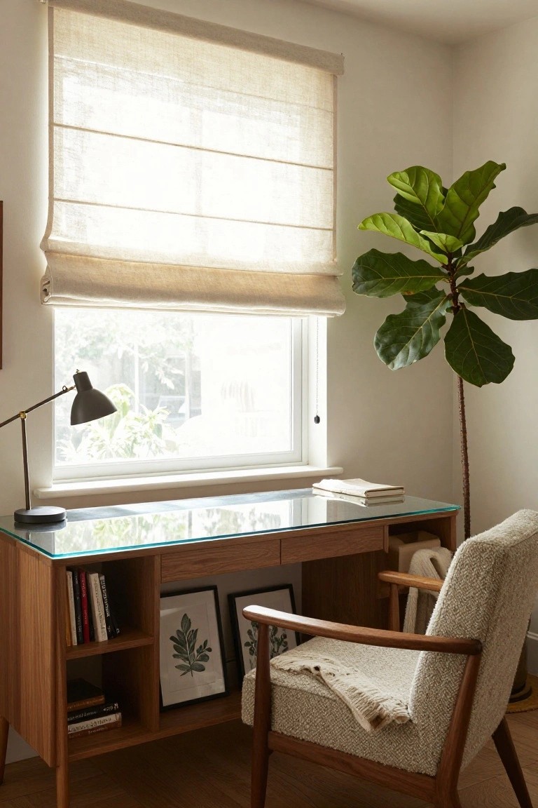 A wooden desk with a glass top and open side compartments filled with books and framed prints sits under a window with a beige Roman shade, next to an upholstered armchair.