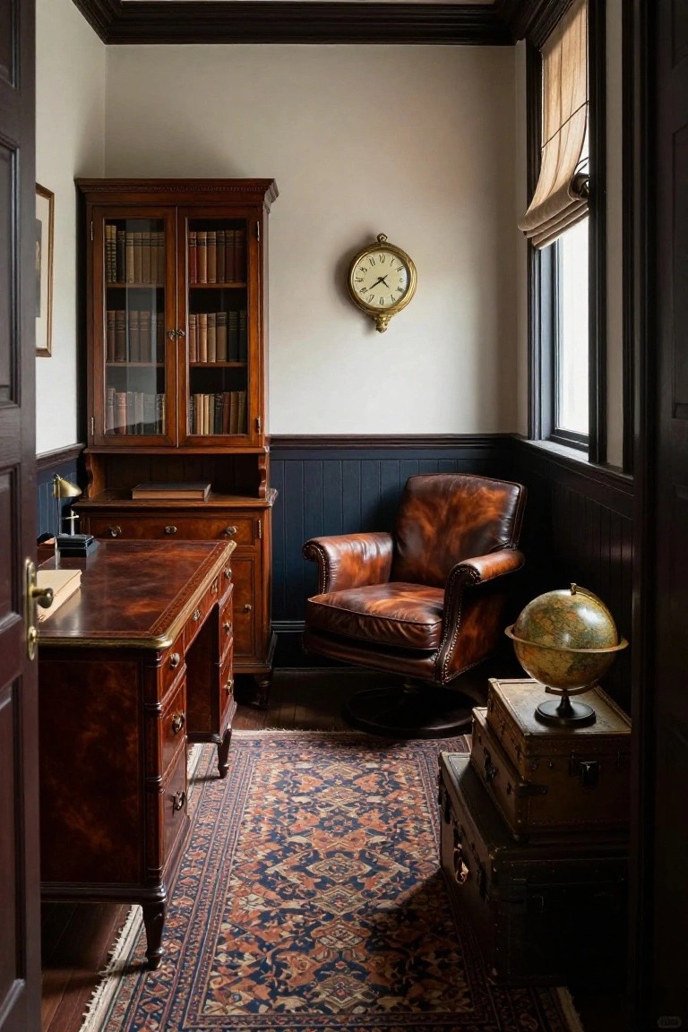 A traditional study interior with a wooden desk, matching bookcase, brown leather swivel chair, wall clock, and globe on stacked trunks.