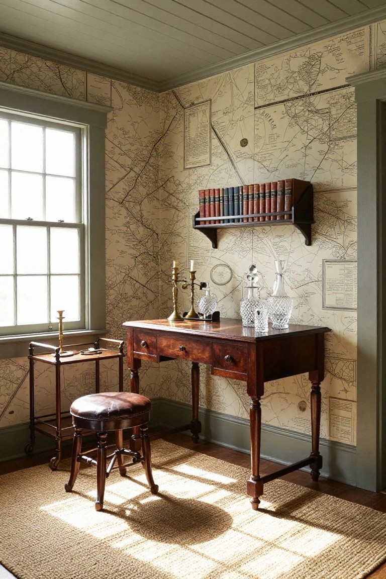 A study room with walls covered in vintage map wallpaper, a dark wood desk in the center, and a window on the left.