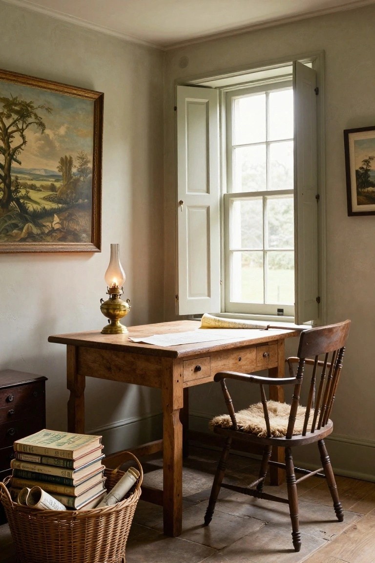 A wooden desk and spindle-back chair sit in front of a large open window in a traditional study, with a lit oil lamp on the desk and a basket of old books on the floor.
