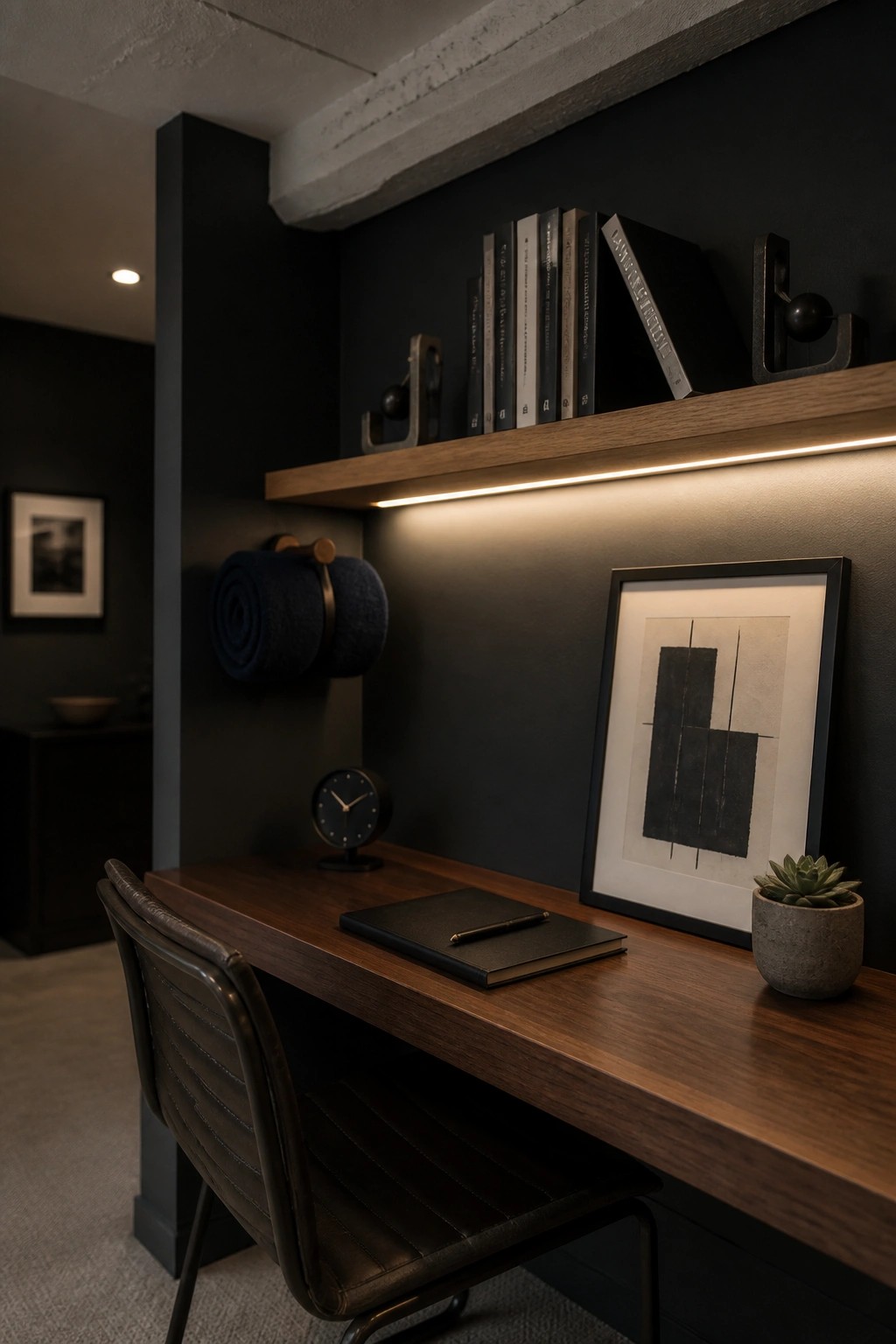 A compact wooden desk with a leather chair sits below a floating shelf holding books and objects, lit from underneath, against a dark wall with framed art nearby.
