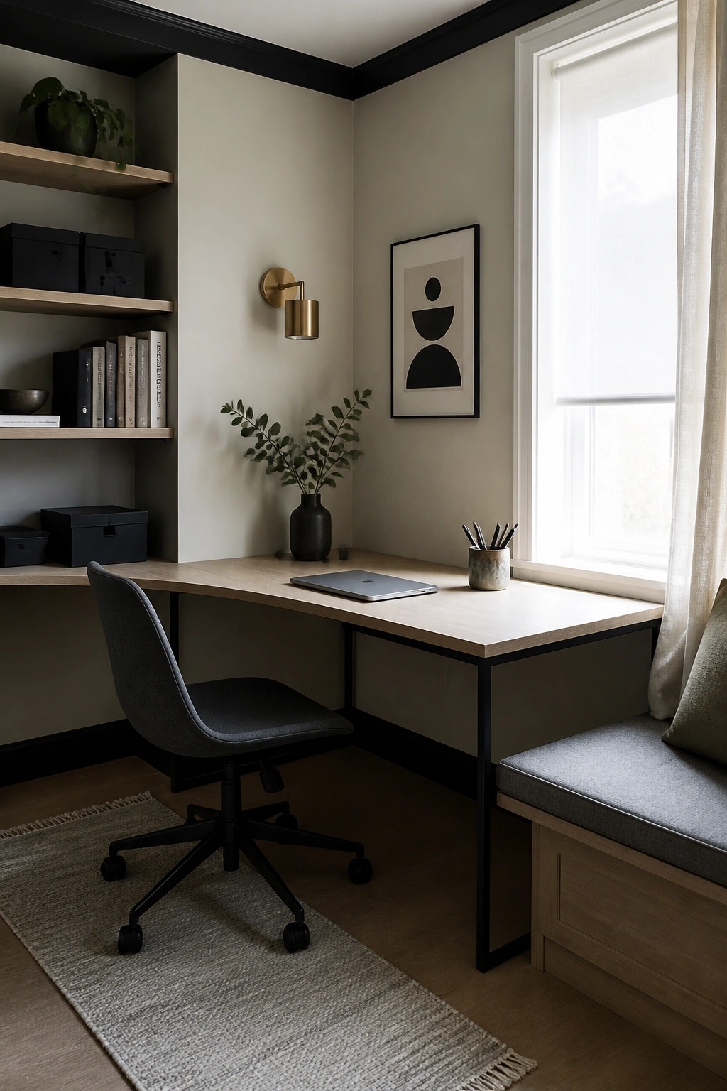 A small home office corner with a light wood desk, gray upholstered office chair on a rug, floating shelves with books and boxes, a dark vase with greenery, and a cushioned bench under a large window.