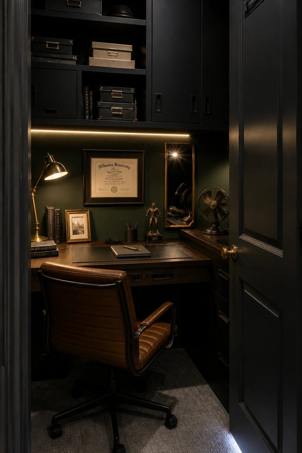 Dark wooden desk with leather chair in black-green office with diploma and shelves