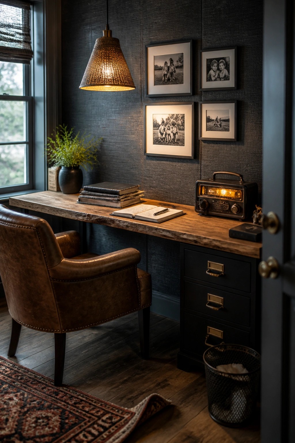 A wooden desk with black storage drawers stands against a dark textured wall in a small home office, paired with a brown leather chair, a vintage radio, and framed black and white photos above.