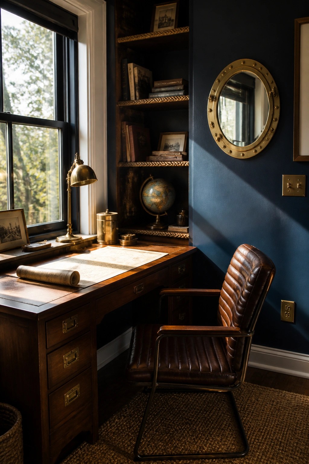 A small home office with a wooden desk, brown leather chair, built-in shelves above holding books and a globe, and dark blue walls with a round porthole mirror.