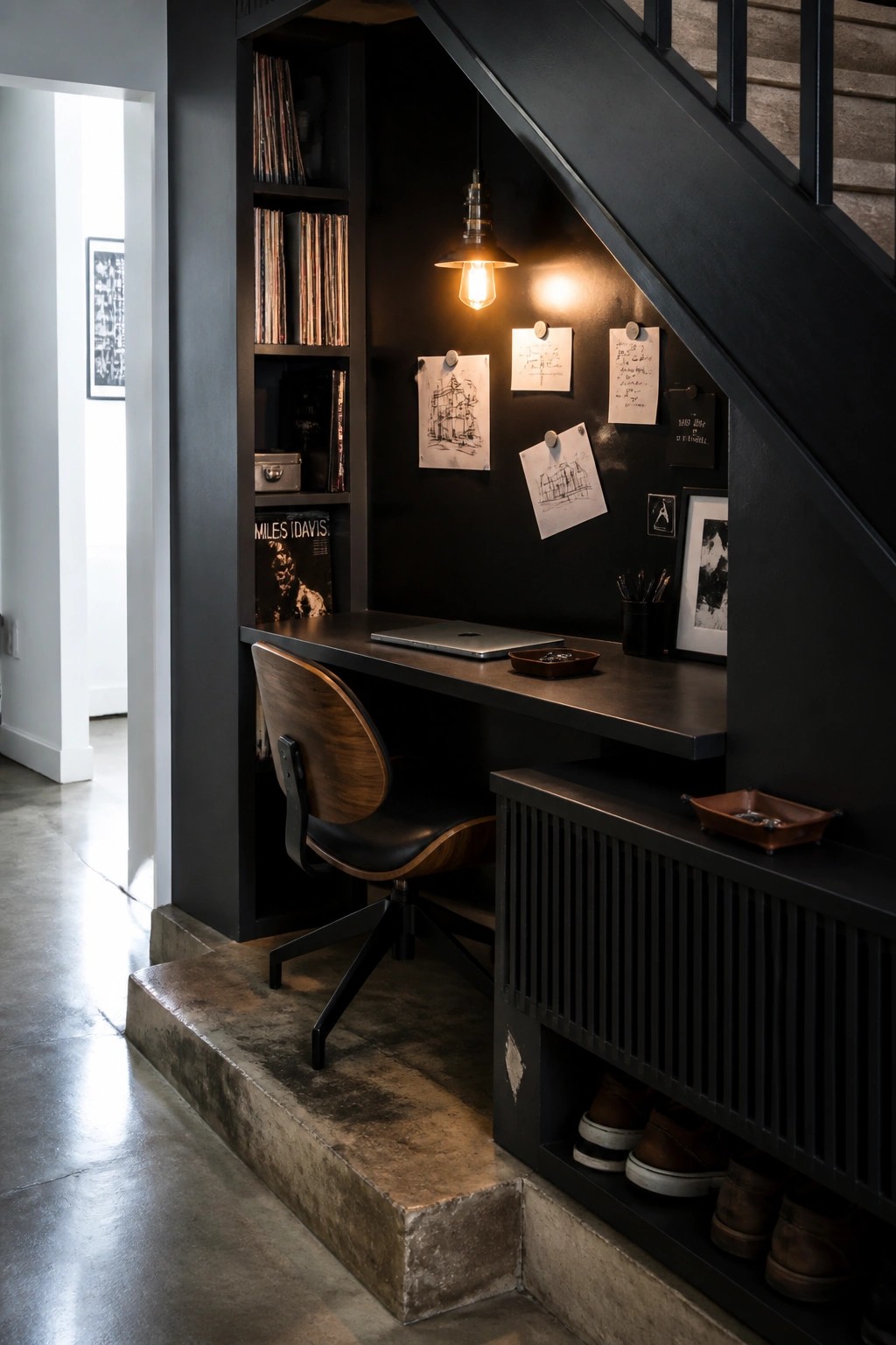 A compact home office desk and chair are built into the space under a dark staircase, with shelves holding books and papers on the wall above.