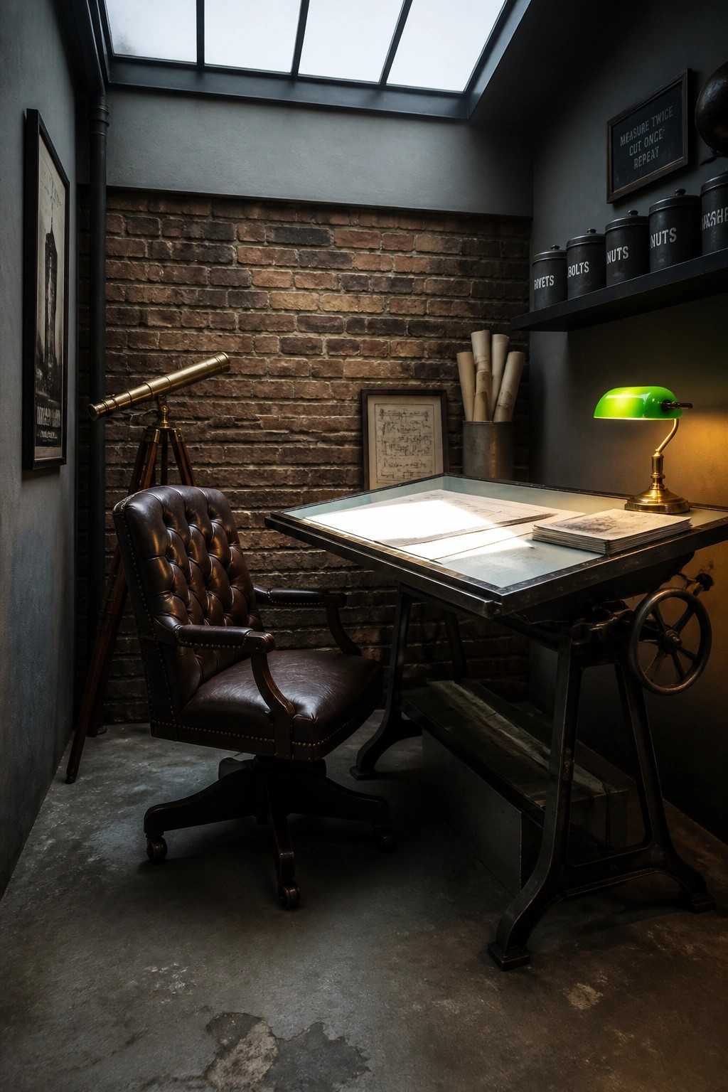 A small home office with an industrial metal drafting table desk, brown leather chair, brick wall, and skylight overhead.