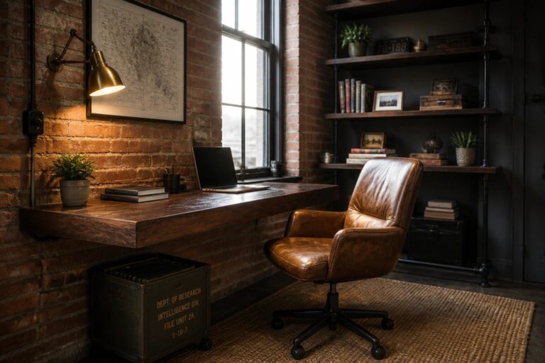 21 Compact Masculine Home Office Ideas for Small Spaces That Work A compact office features a wooden wall-mounted desk under a window against a brick wall, with a brown leather swivel chair on a woven rug.