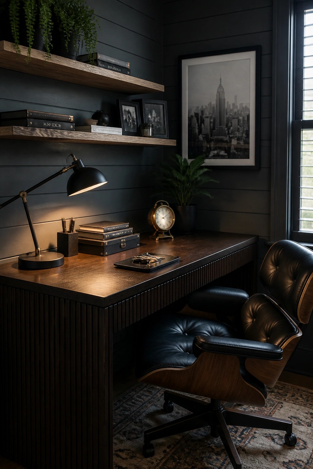 A compact home office featuring a dark wood desk with a black leather Eames-style chair, floating wooden shelves on a dark paneled wall holding books and small plants, a black desk lamp, and a framed black and white cityscape print.