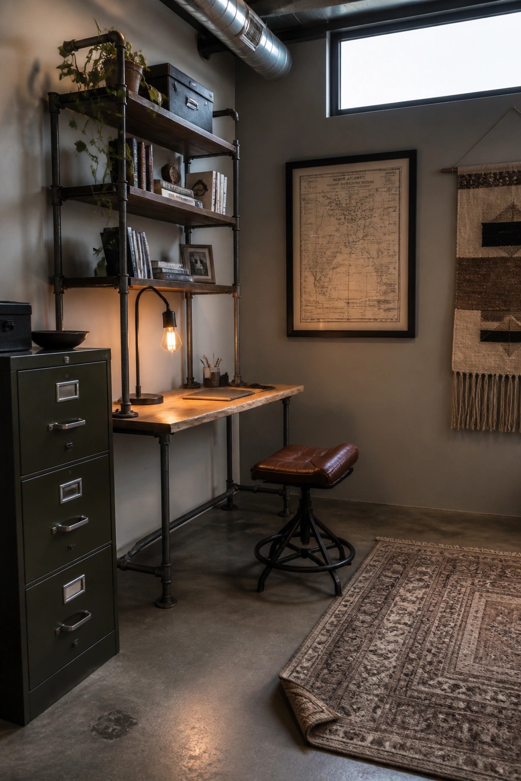 A small industrial-style home office featuring a pipe-framed wooden desk with attached shelving, a green filing cabinet, a brown leather stool, and a framed map on the wall.