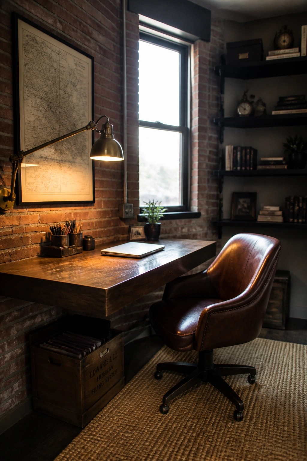 A compact office features a wooden wall-mounted desk under a window against a brick wall, with a brown leather swivel chair on a woven rug.