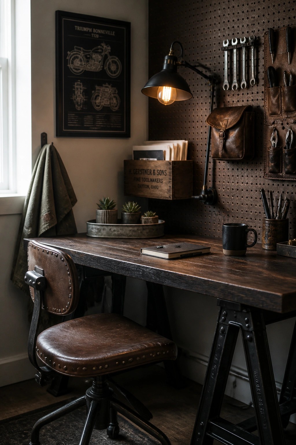 A compact home office featuring a dark wood desk with a brown leather swivel chair, a black adjustable desk lamp, and a pegboard wall displaying wrenches and tool pouches.