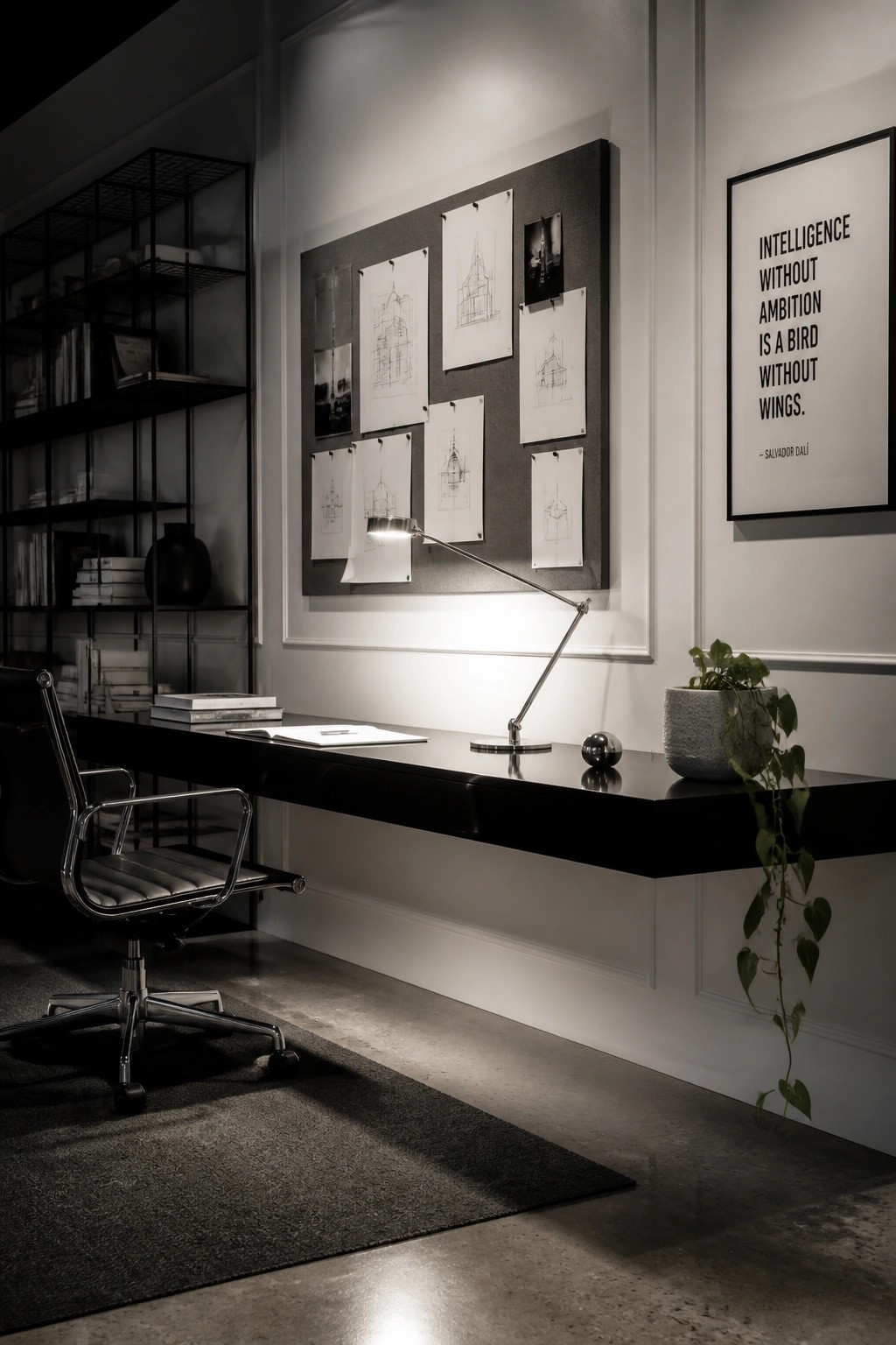 A compact home office featuring a black floating desk against a white wall with a gray mood board of architectural sketches above it and a chrome office chair pulled up to the desk.