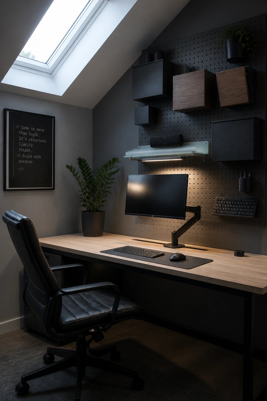 Modern office with wooden desk, black chair, monitor on pegboard wall under skylight