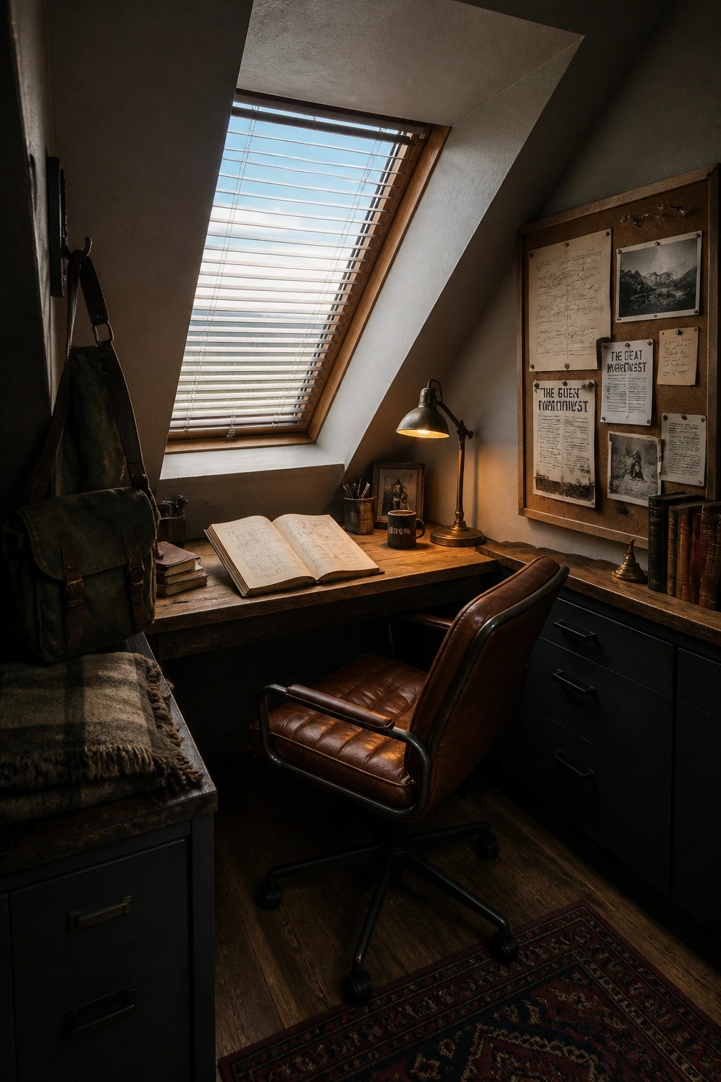 A wooden desk with an open book sits under a window with blinds in a small home office, next to a brown leather swivel chair and a corkboard on the wall.