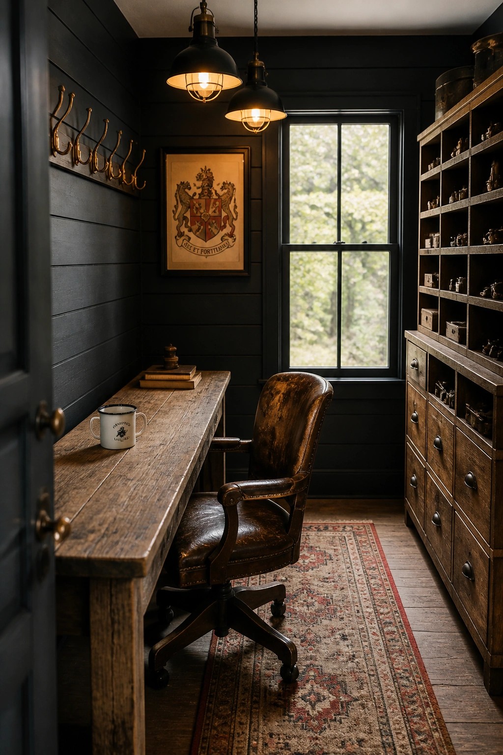 Moody dark study with leather chair, wooden desk, hanging lamps, and window view.