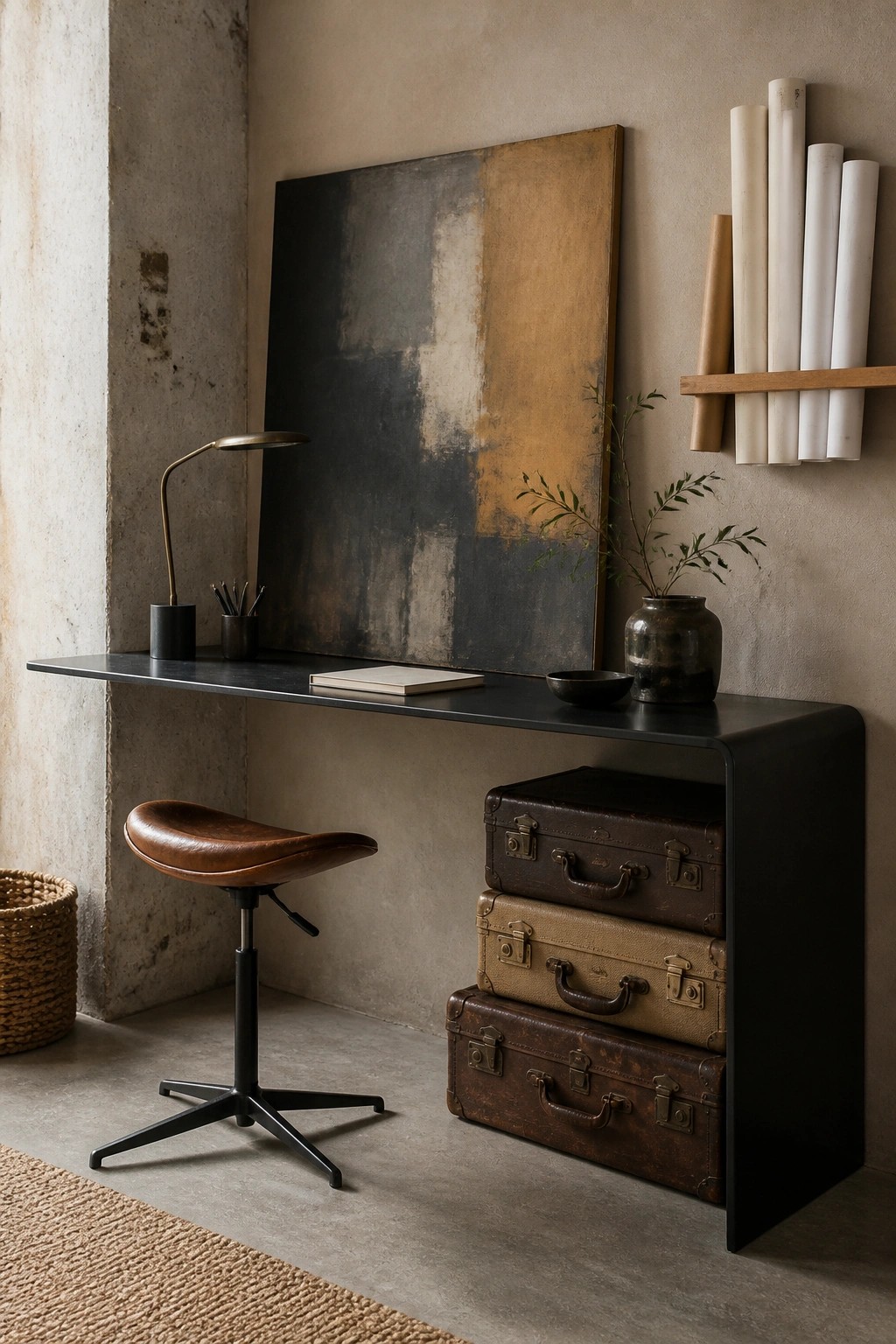 Minimalist black desk with abstract painting, leather stool, and stacked vintage suitcases.