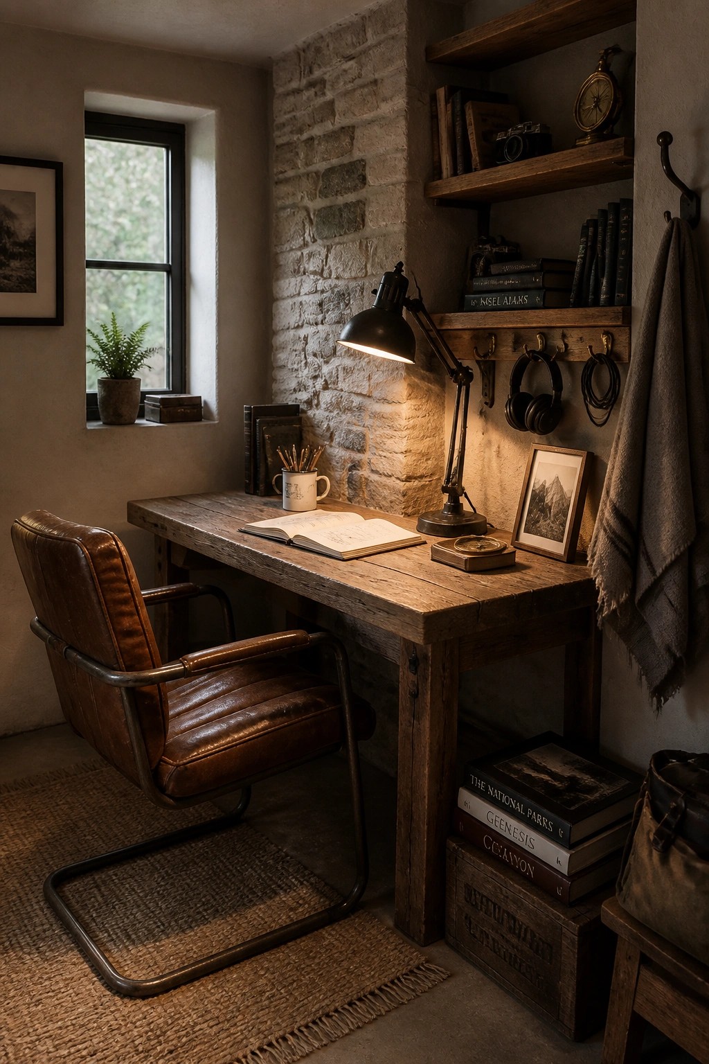 Rustic wooden desk with leather chair, lit lamp, books, and stone wall in cozy study.
