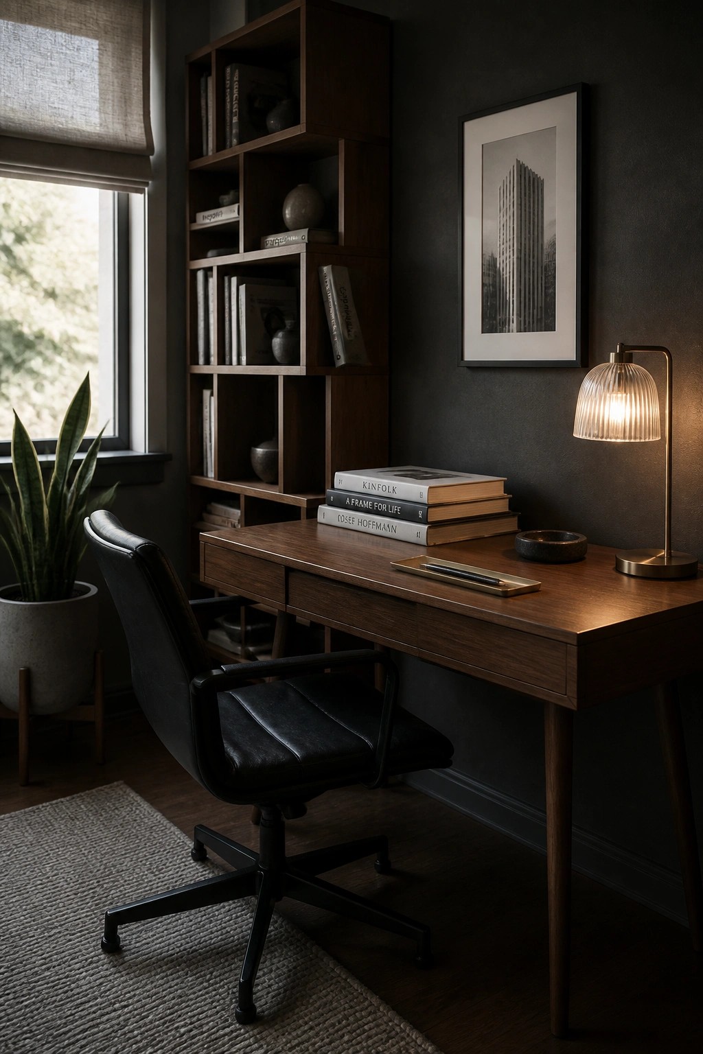 A compact home office featuring a wooden desk with a black leather office chair, a tall dark wood shelving unit filled with books, and a lit desk lamp against a dark wall.