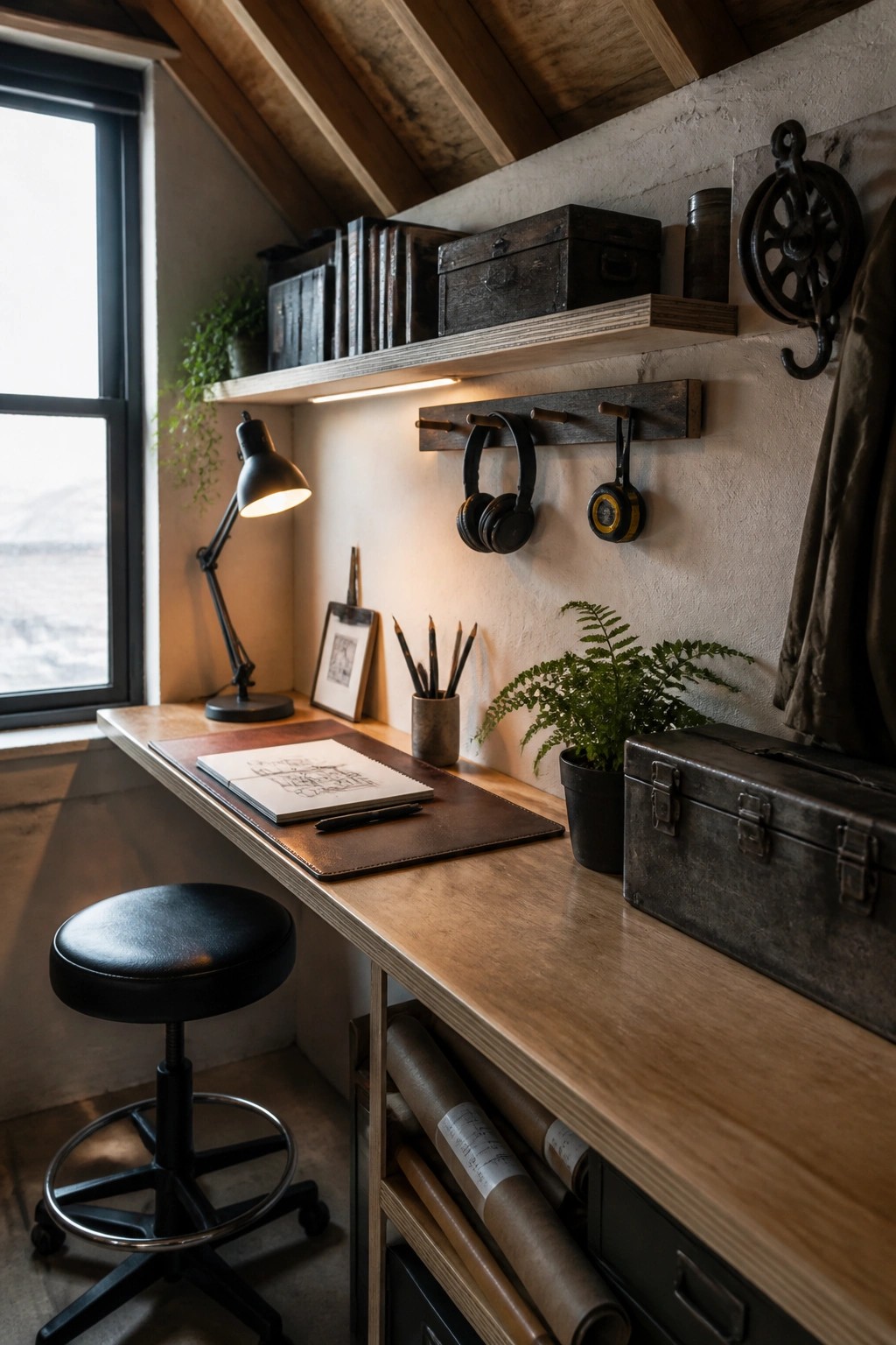 A compact masculine home office with a wooden desk, black stool, desk lamp, open notebook, wall shelf above holding books and boxes, and a peg rail with headphones and a tape measure hanging from it.