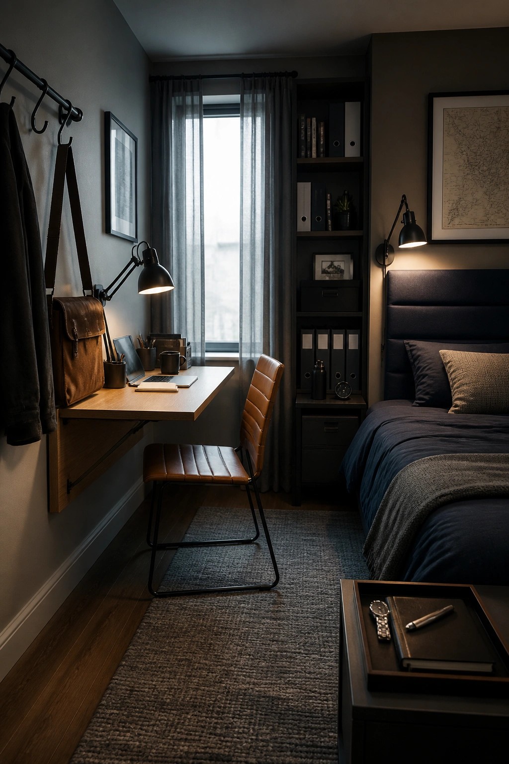 A compact home office with a wall-mounted wooden desk, brown leather chair, built-in dark shelving, and a bed visible on the right side of the room.