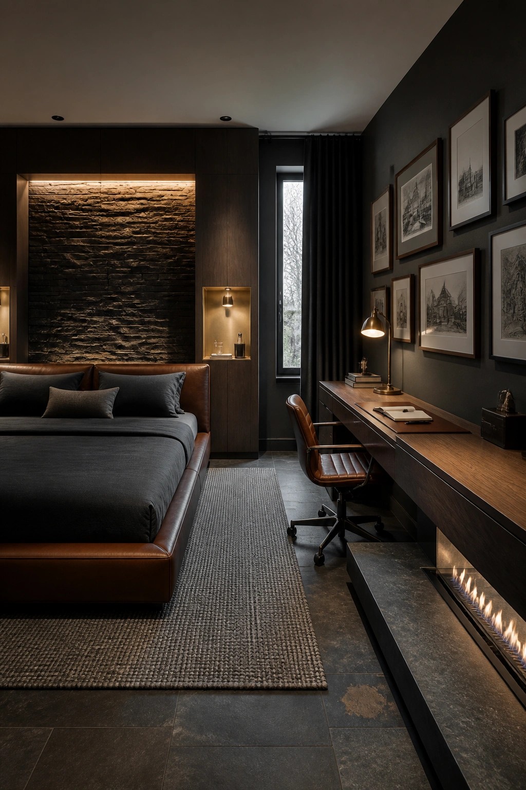 A dark bedroom with a leather bed on the left and a long wooden desk with a linear fireplace underneath on the right, plus framed art on the wall.