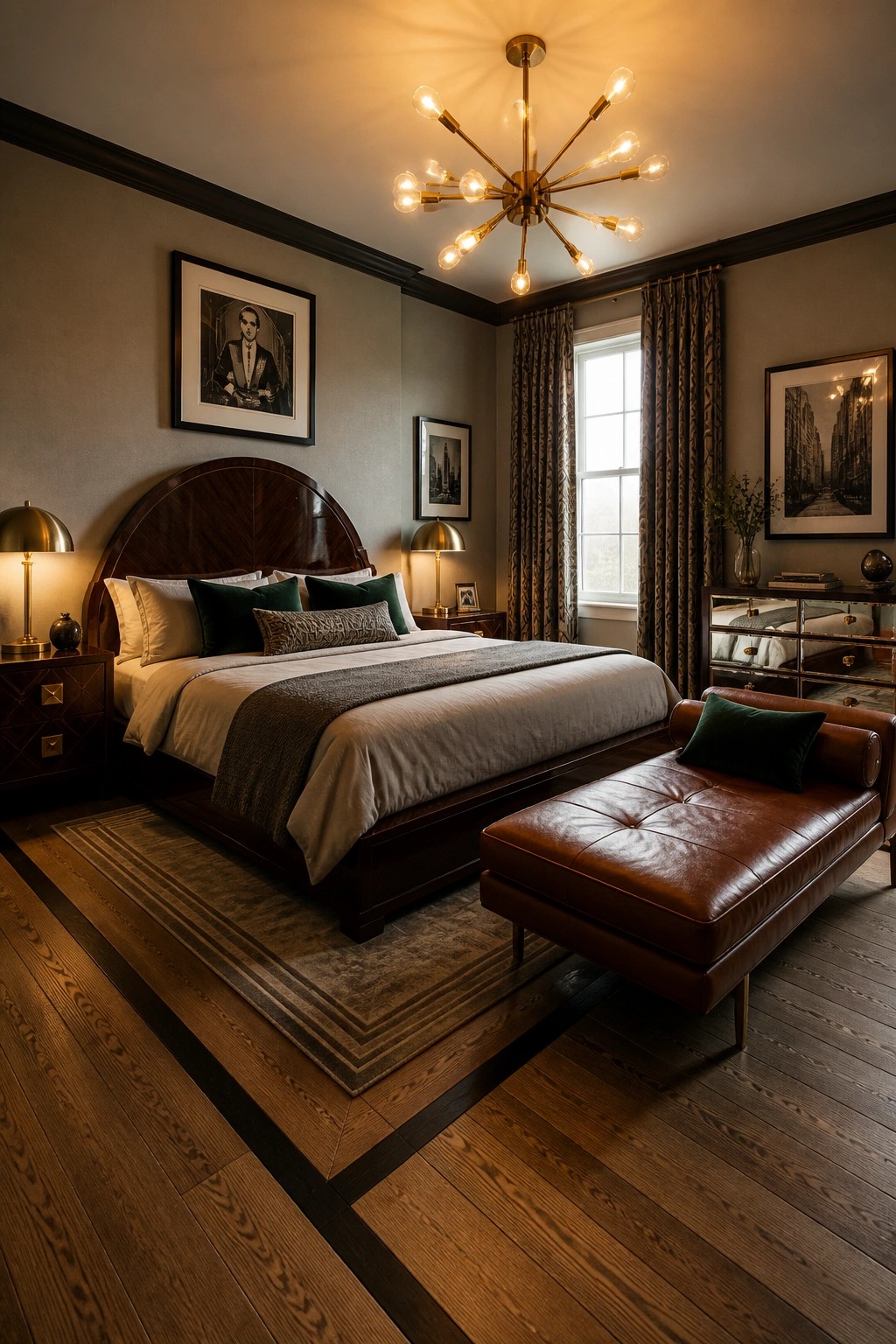 A bedroom interior showing a large bed with dark wood headboard, neutral bedding with green pillows, and a brown leather bench positioned at the foot of the bed.