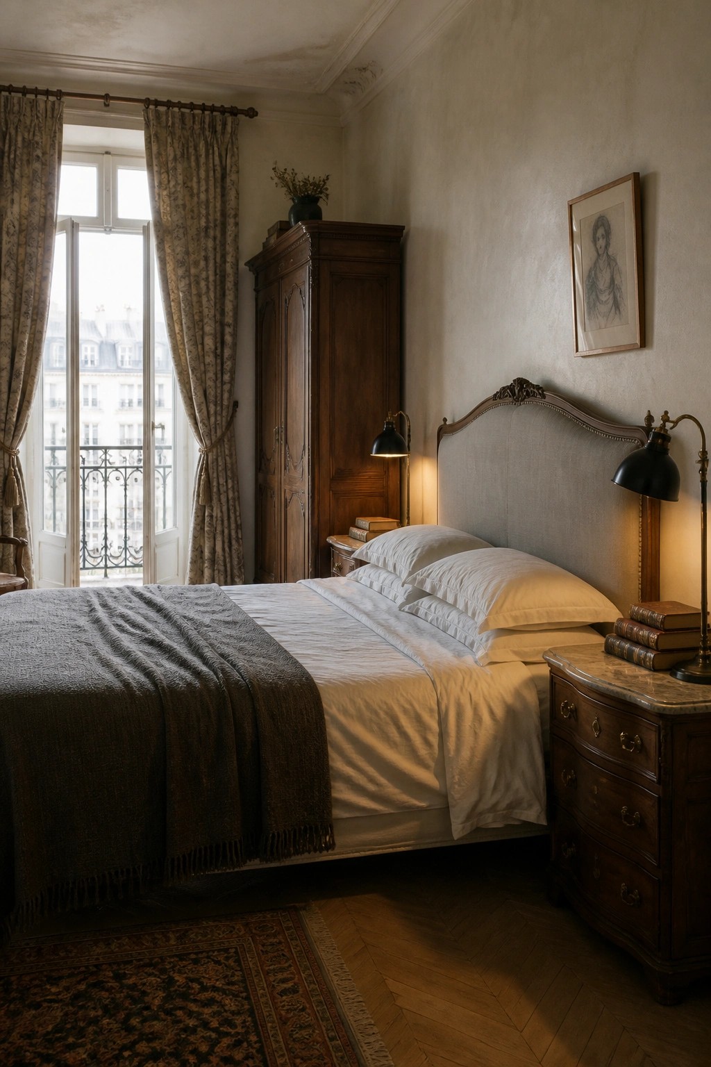 A bedroom with a large wooden wardrobe, a bed with white linens and a gray throw, two black lamps on wooden nightstands, and a patterned rug on herringbone flooring.