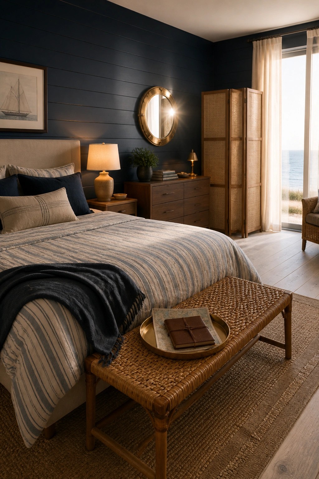 Coastal bedroom with navy walls, striped bed, wicker bench, and ocean view