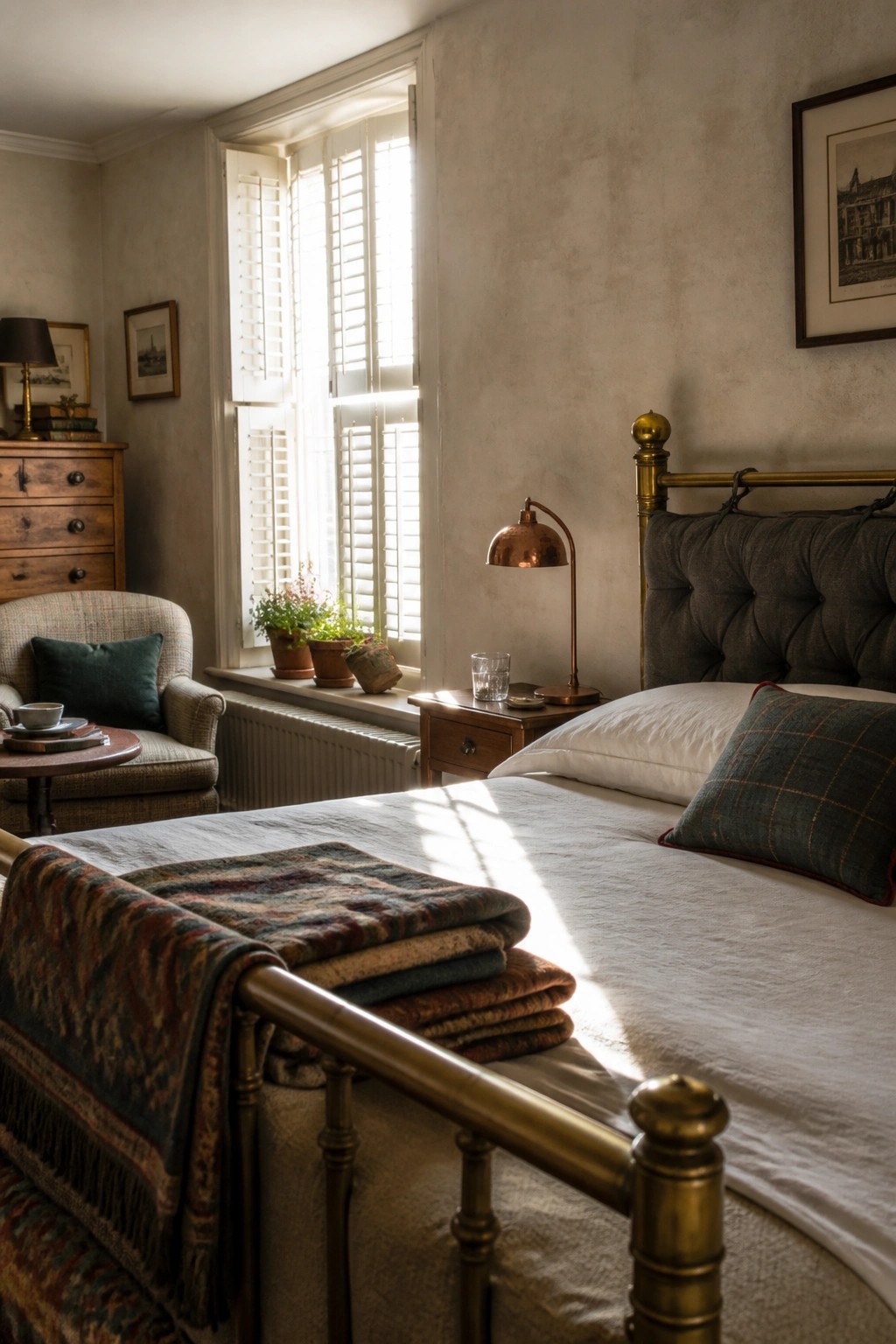 A bedroom with a brass bed frame, white bedding, a plaid pillow, and folded blankets at the foot beside a wooden nightstand and shuttered window.