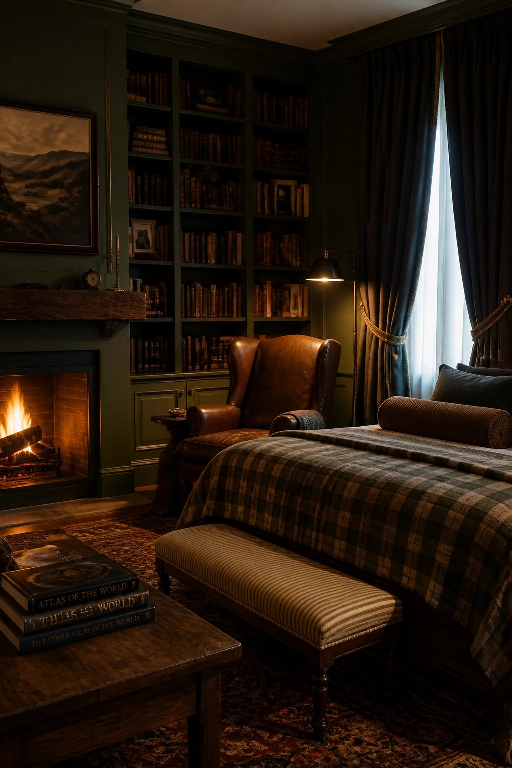 A bedroom interior with dark green walls, floor-to-ceiling built-in bookshelves filled with books, a lit fireplace, a brown leather wingback chair, and a bed covered in plaid fabric.