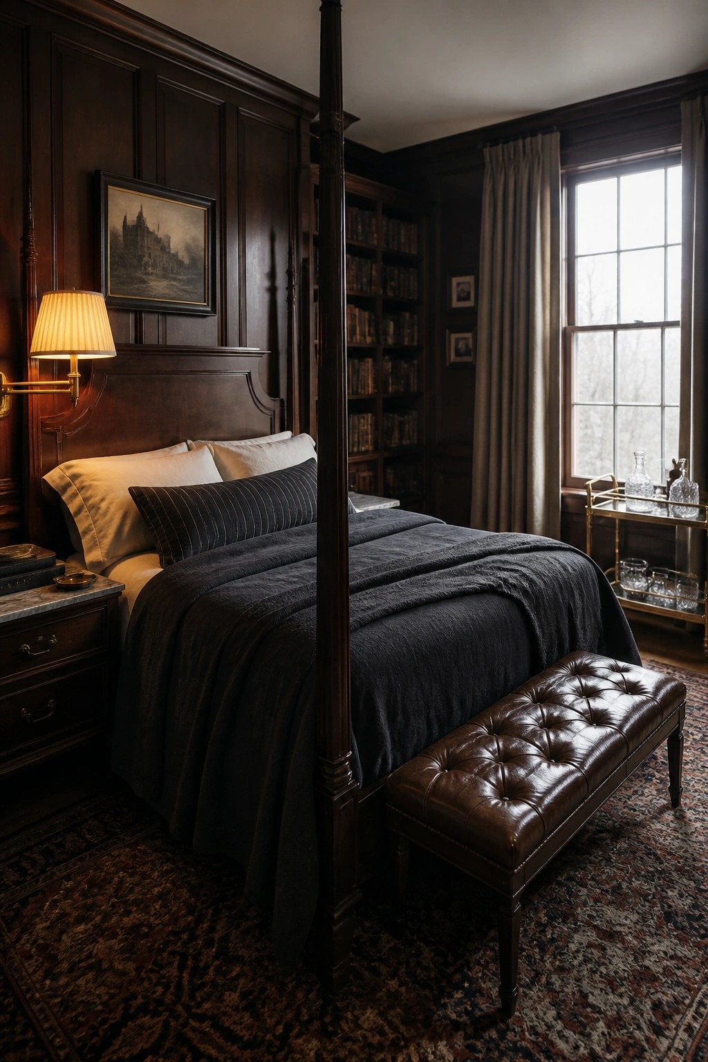 A bedroom with dark wood paneling, a four-poster bed with dark bedding, built-in bookshelves filled with books, and a window with curtains.